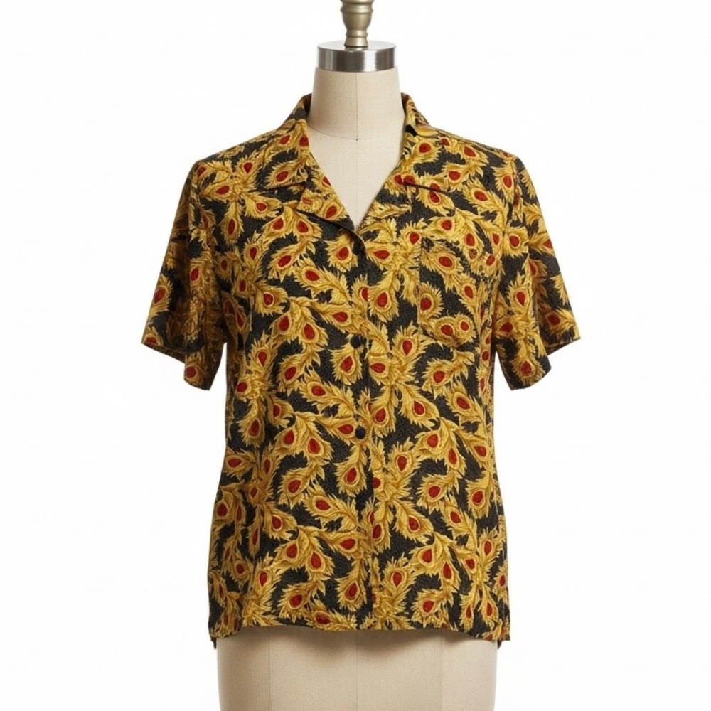 Ship‎ n Shore Woman Peacock Feather Button Up Shirt Gold Black Red 18W